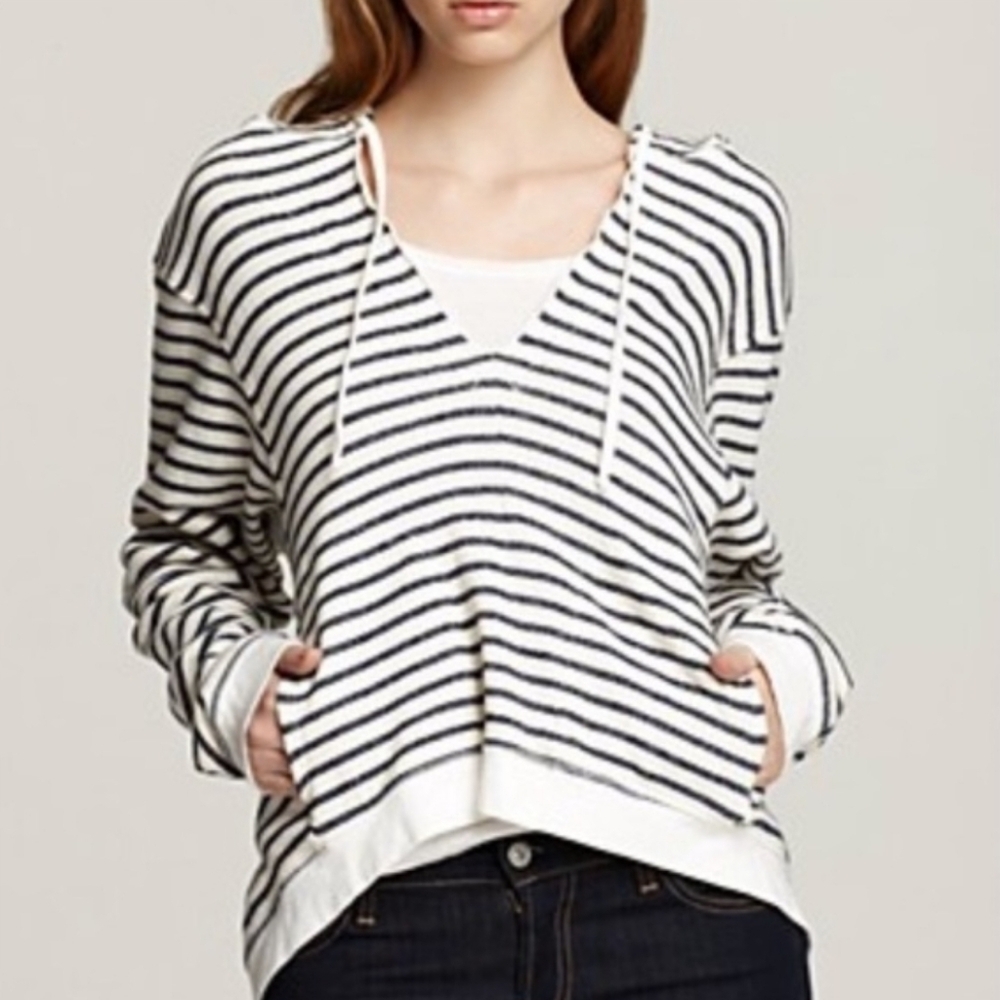 Hard Tail Forever Striped V-Neck Hoodie Navy Cream Cotton TRO-04S Medium